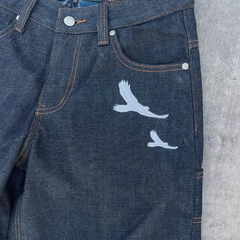 Retro Soar Jeans Bird Embroidery Pattern Plaid Inner Denim Pants
