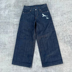 Retro Soar Jeans Bird Embroidery Pattern Plaid Inner Denim Pants