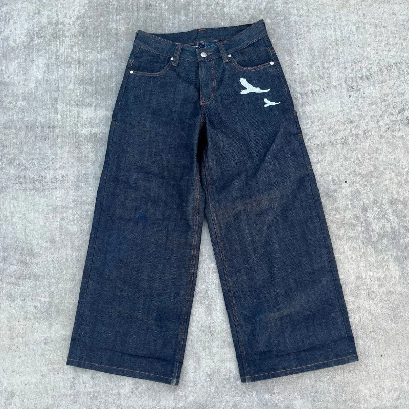 Retro Soar Jeans Bird Embroidery Pattern Plaid Inner Denim Pants